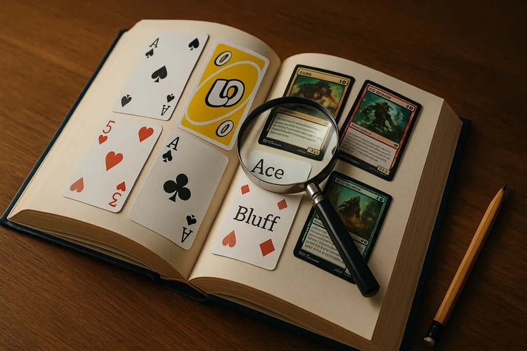 Open encyclopedia styled as a card game glossary with Poker, UNO, and Magic cards under a magnifying glass.