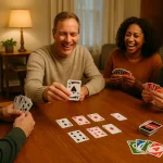 Editorial-style photo of four people playing the Euchre card game around a wooden table, with a small 24-card deck visible (9 through Ace), one player confidently playing a Jack card while others react in a cozy Midwest living room