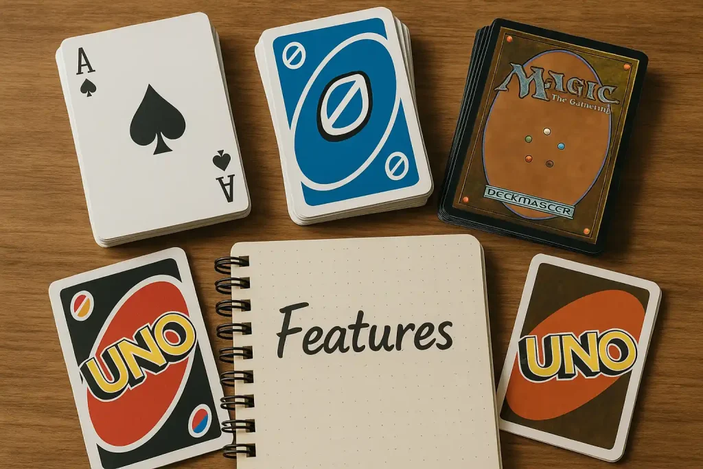 Different card decks including Poker, UNO, and Magic cards arranged around a notebook, symbolizing features of card games.