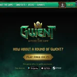 Editorial photo of laptop and smartphone showing Gwent card game with glowing fantasy cards from multiple factions, cozy gamer setup on a wooden table.