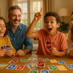 A smiling family of four sitting around a wooden table playing UNO, with colorful red, blue, green, and yellow cards spread out, in a bright and warm living room.