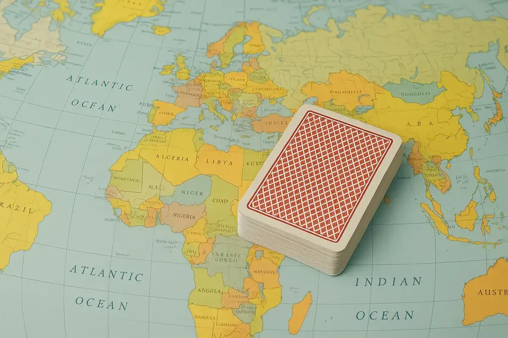 Closed deck of playing cards placed beside a world map, symbolizing the global relevance of card games.
