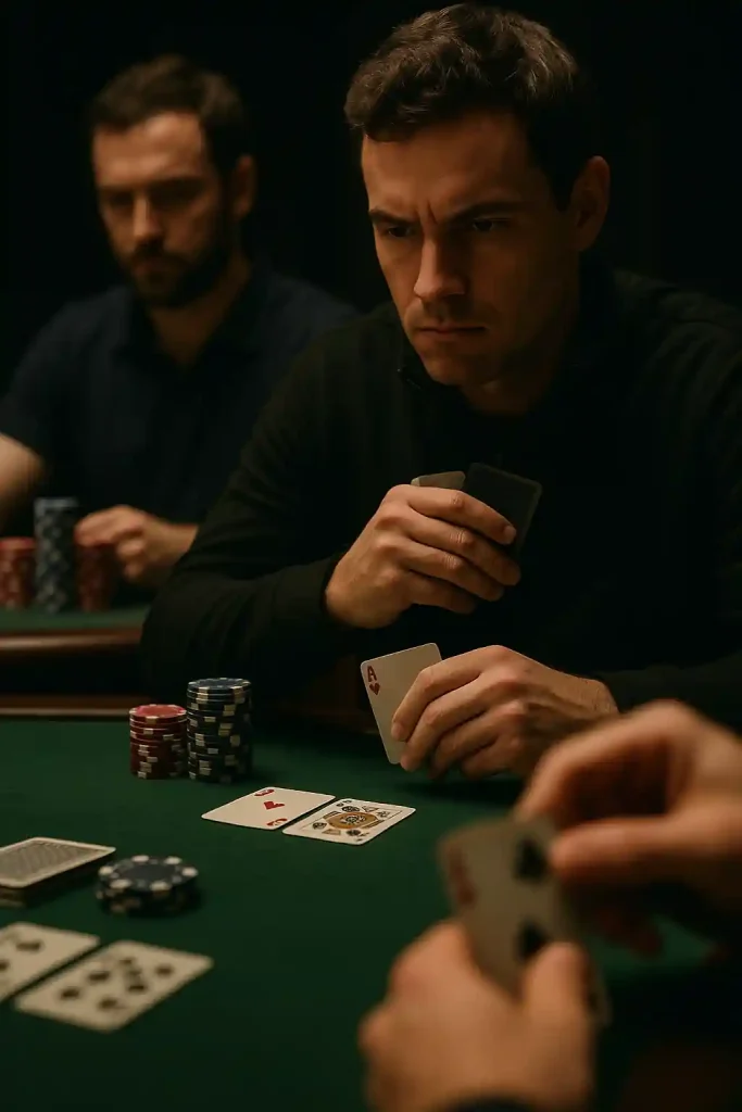 Card tournament scene with close-up of players and chips, symbolizing advanced card game strategies.