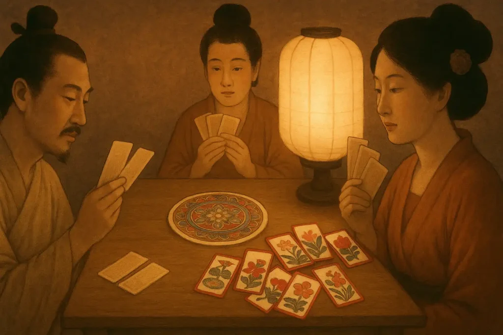 Illustration of Chinese, Indian Ganjifa, and Japanese Hanafuda card games as early origins of card play in Asia.