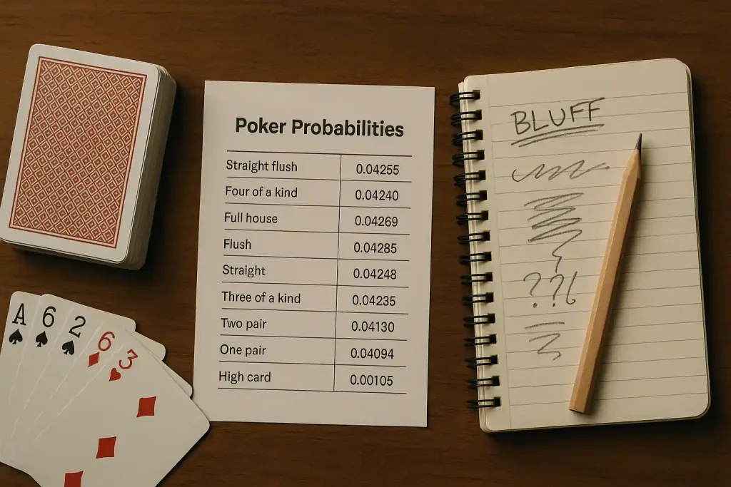 Deck of cards with a probability chart and notepad, symbolizing basic card game strategies.
