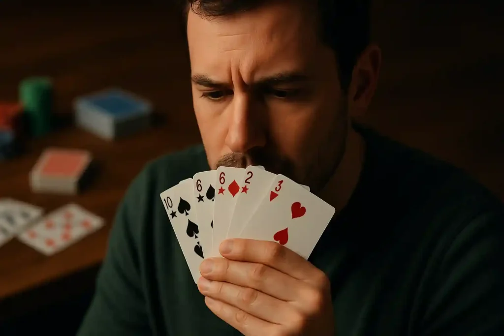 Player holding a hand of cards thoughtfully, representing card game strategies.