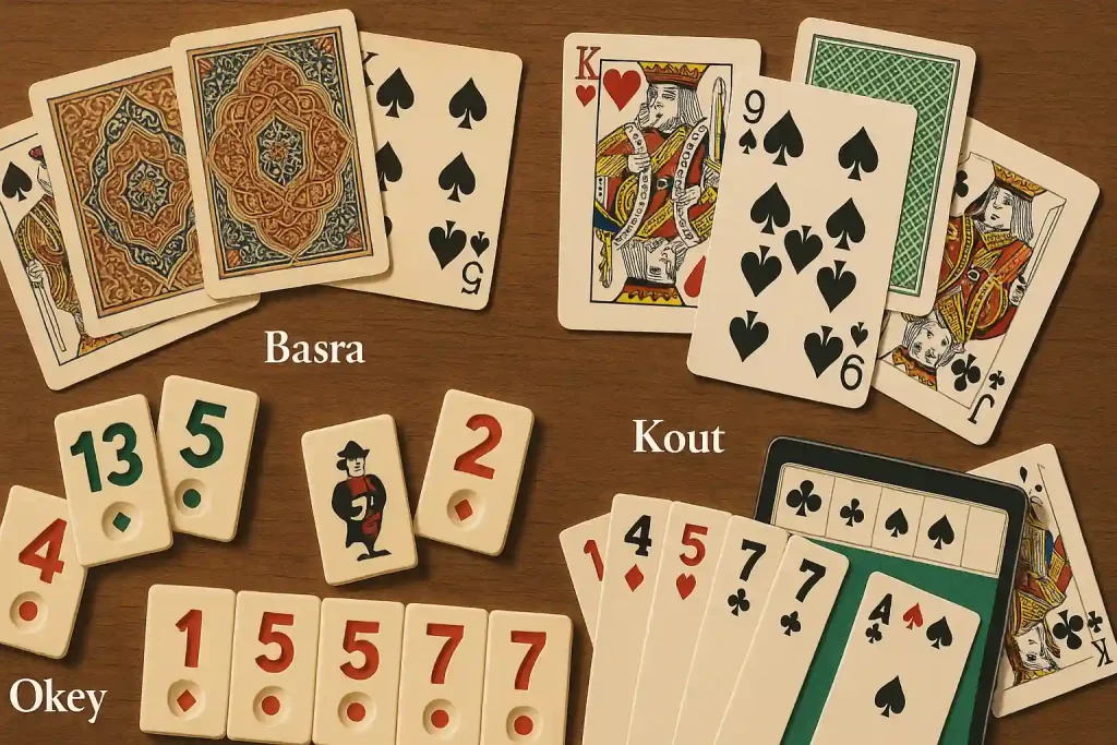 Collage of Basra, Moroccan Kout, and Turkish Okey tiles influenced by card games.