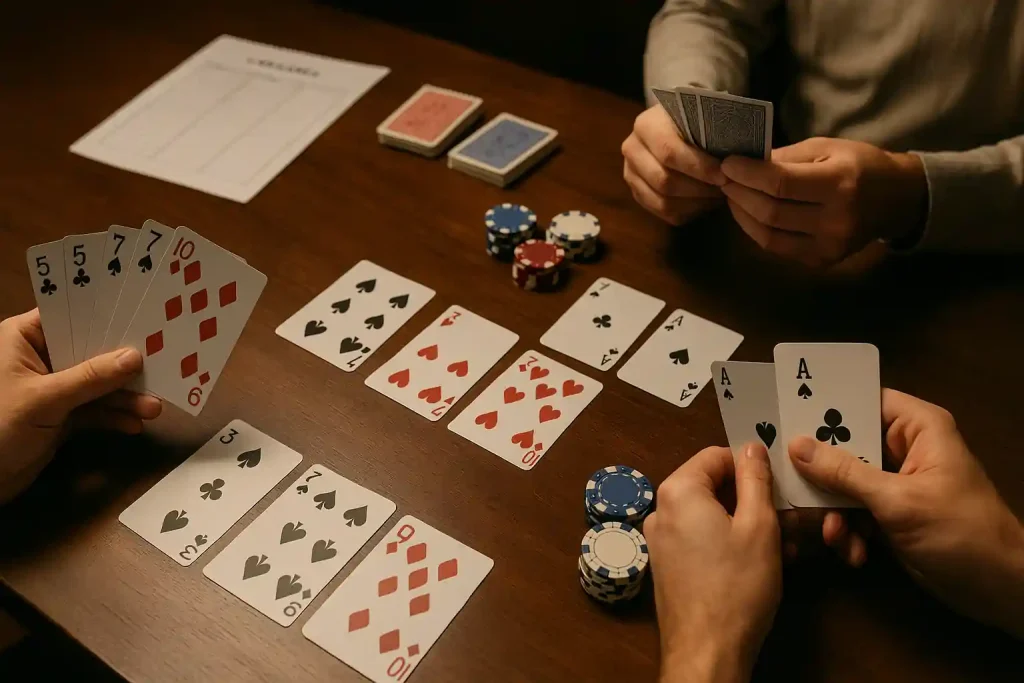 Editorial layout of Rummy, Poker, and Canasta games in play.