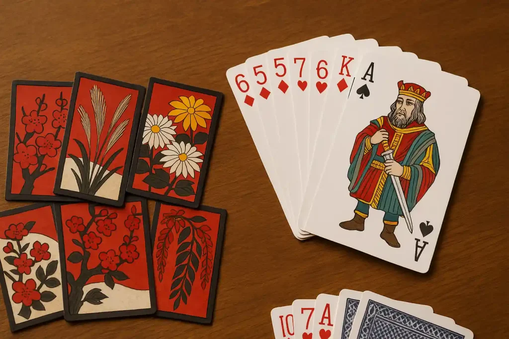 Japanese Hanafuda and Chinese Poker cards displayed together on a wooden table.