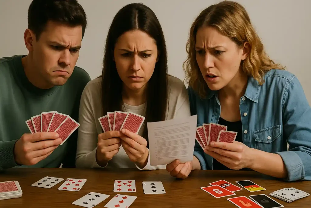Group of players confused over card rules while pointing at a sheet of paper.