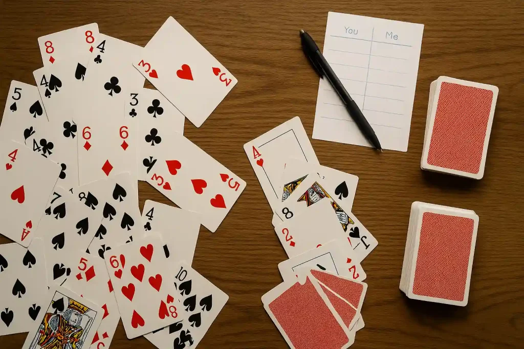 Shuffled cards and score sheet illustrating the basics of card game rules