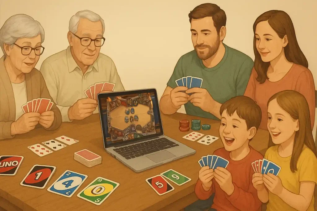 Generations playing different card games showing the timeless history of card games