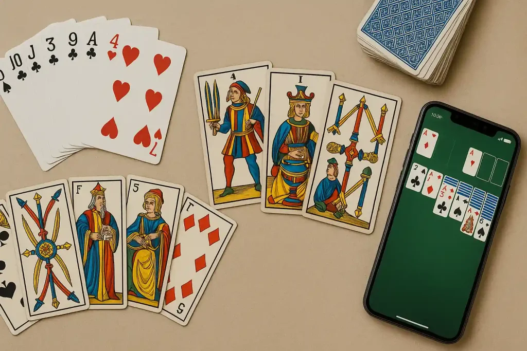 Flat-lay of Indian Rummy, French Tarot, and digital card games representing rule variations.