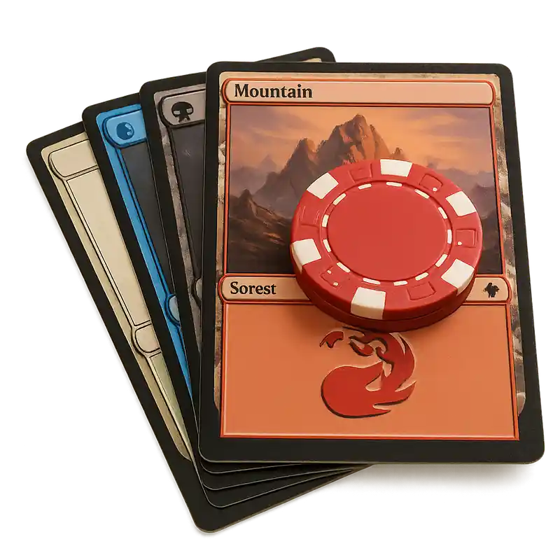  Hands holding a Magic: The Gathering card with fantasy artwork, blurred background of other cards spread out. Editorial fantasy-gaming vibe.