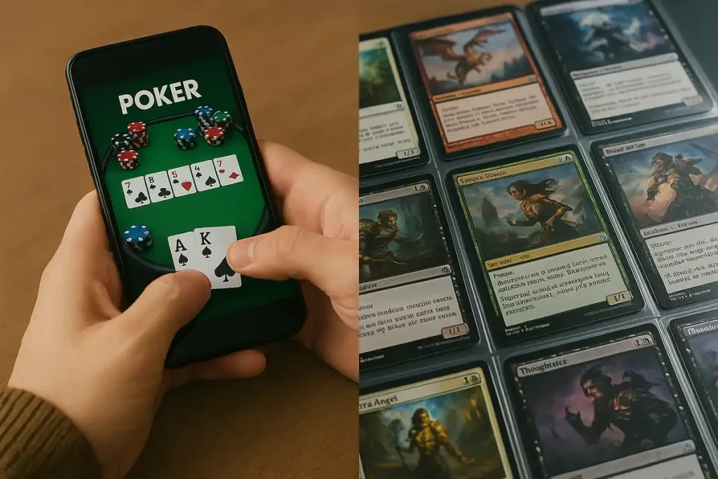 Split scene showing a person playing digital Poker on a smartphone and collectible trading cards displayed in sleeves.
