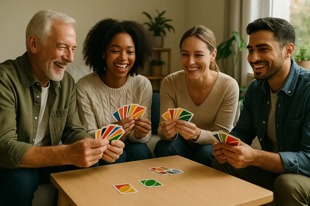 Group of friends of different backgrounds enjoying a casual card game together at a table.