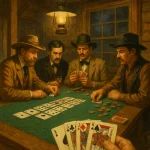 Editorial-style illustration of a 19th-century American saloon scene with four men playing Faro at a green felt table, dim lantern lighting, wooden interior, and vintage historical atmosphere.
