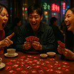 Three friends playing Go-Stop with bright Hwatu cards in a Seoul café, laughing under warm evening light.