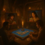 Players from around the world connect through a glowing digital card table inspired by Hearthstone’s tavern.