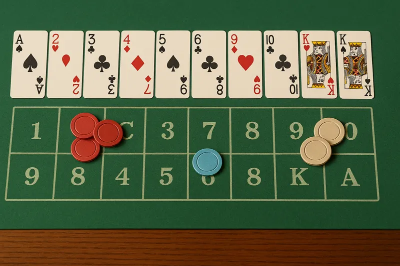 Close-up editorial photo of a Faro table layout on green felt, with playing cards neatly arranged from Ace to King and colorful chips placed on different ranks in a clear instructional style.
