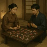 Two players seated on tatami mats playing the traditional Japanese card game Koi-Koi with hanafuda cards under soft lantern light.