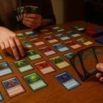 Editorial-style photo of two players mid-duel in Magic: The Gathering, with a wooden table full of colorful cards—lands, creatures, and spells—one player tapping a land while the other holds a hand of fantasy artwork cards.