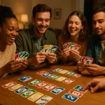 Players laughing and playing Phase 10 card game on a wooden table with colorful cards and a friendly atmosphere.