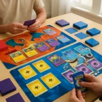 Two players playing a Pokémon Trading Card Game match on a tabletop, showing cards, dice, and playmats under bright light.