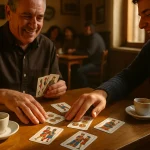 Two players playing Scopa in an Italian café, sweeping cards from a wooden table with traditional Carte Napoletane.