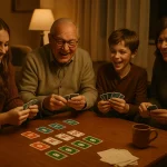 ): Family of different ages enjoying Skip-Bo together in a cozy living room filled with laughter.