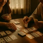 Two players compete in Spite and Malice at a cozy vintage table, exchanging smiles during a strategic card duel.