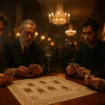 Four players in a Viennese café playing Tarock with ornate cards under warm amber light and vintage décor.