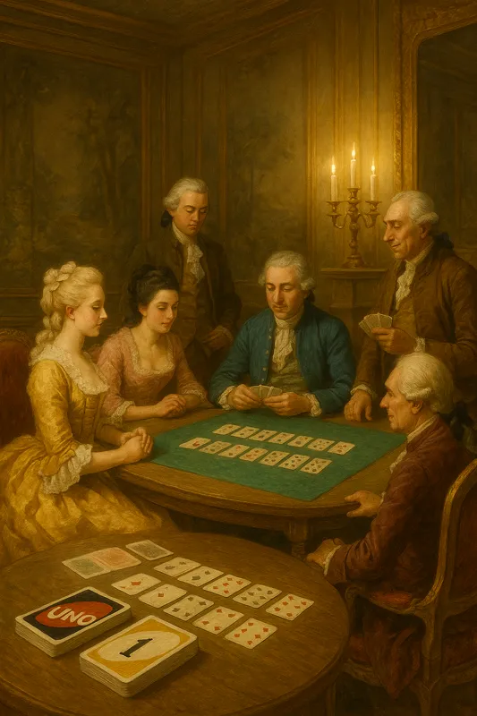 Editorial artwork of an 18th-century French salon with aristocrats seated around a Faro card table, candlelight illuminating the elegant Rococo interior, cards arranged in order for a refined historical setting.