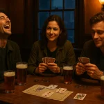 Three friends playing Three Card Brag in a London pub under warm amber light, laughing over cards and pints on a wooden table.