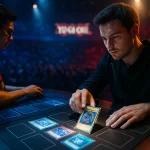 Two duelists facing off at a global Yu-Gi-Oh! TCG tournament under colorful lights, one summoning Dark Magician.