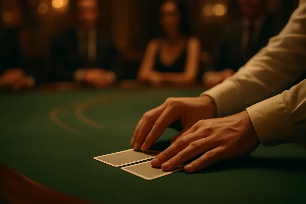 Cinematic close-up of a Baccarat dealer revealing cards on a green table.