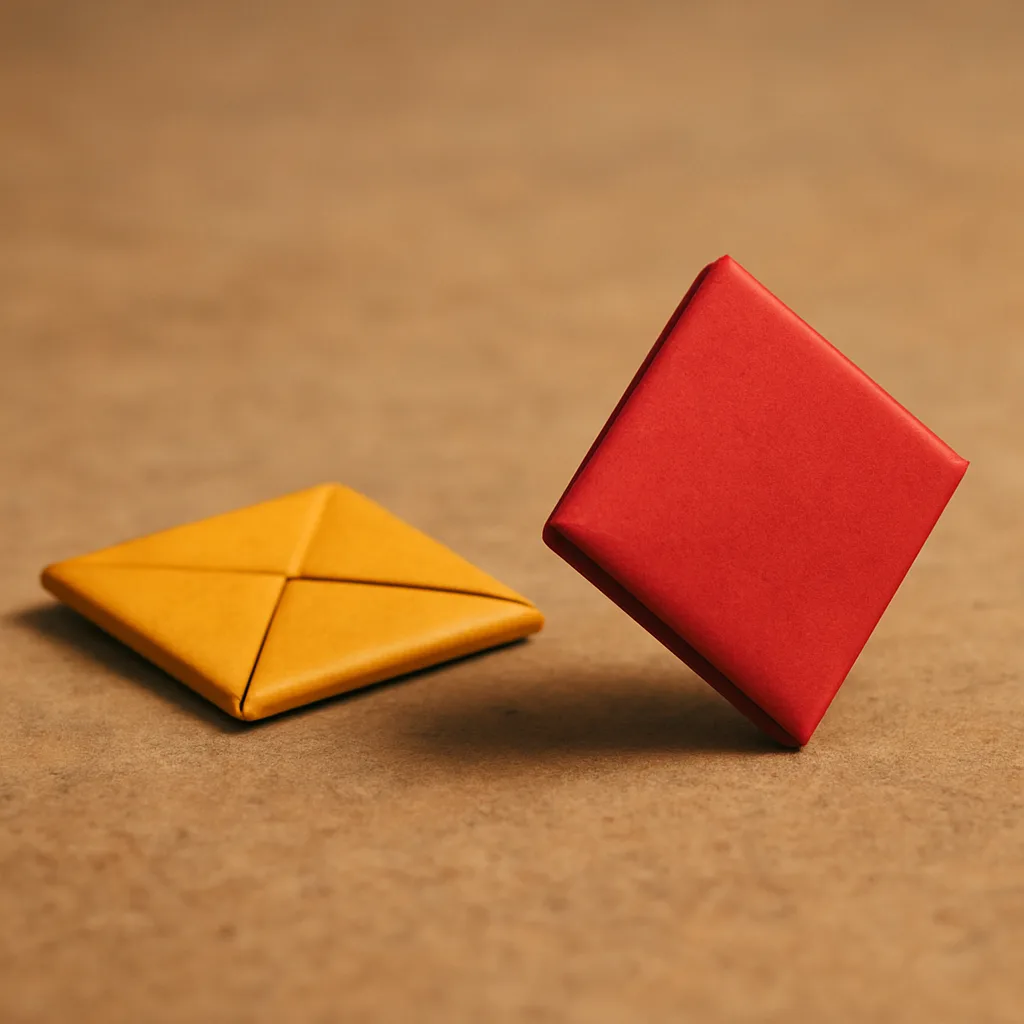 Colorful folded ddakji tiles used in the Squid Game flipping challenge.
