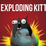 Friends laugh during an Exploding Kittens game night as a player reveals a comically illustrated card.