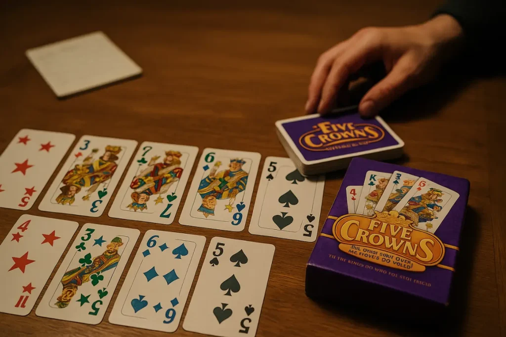 Players gathered around a table playing the Five Crowns card game with the five-suit deck displayed.