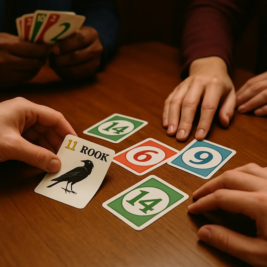 Players placing Rook cards during a trick-taking round.
