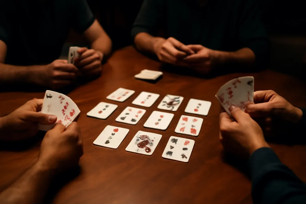 Close-up shot of a player placing a card in the Golf card game, with other players in the background.