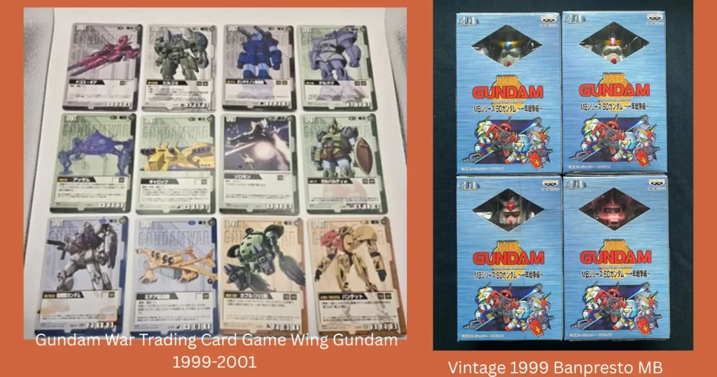 A collection of early-era Gundam War trading cards from 1999 laid out in rows, shown next to vintage Banpresto MB SD Gundam boxed figures featuring classic mobile suit designs.