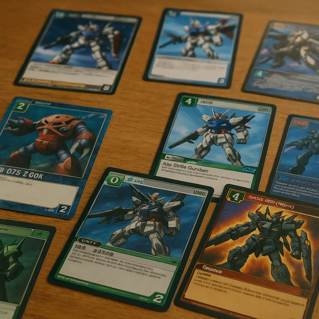 Close-up of vintage Gundam War cards showing early mobile suit designs.