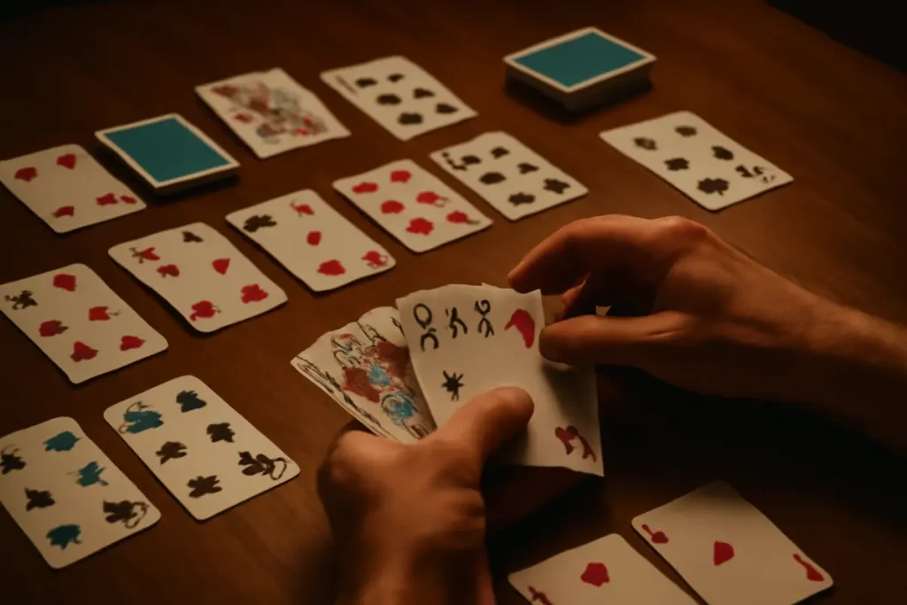 Hand and Foot card game in progress with cards spread on the table, ready for play.