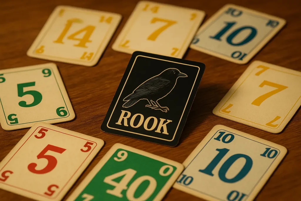The black Rook Bird card displayed prominently in a classic Rook deck.