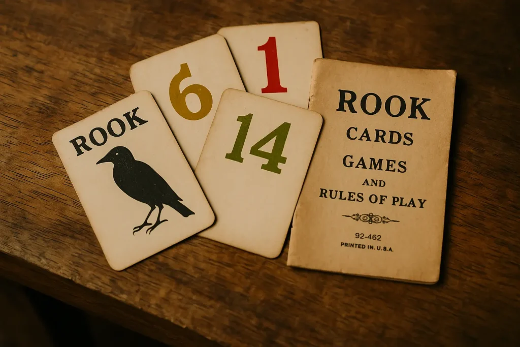 Vintage Rook cards and rulebook arranged on an old wooden table.
