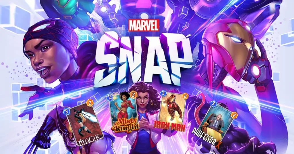 Marvel Snap gameplay with cards showing iconic Marvel superheroes on a glowing surface.