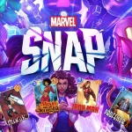 Marvel Snap gameplay with cards showing iconic Marvel superheroes on a glowing surface.