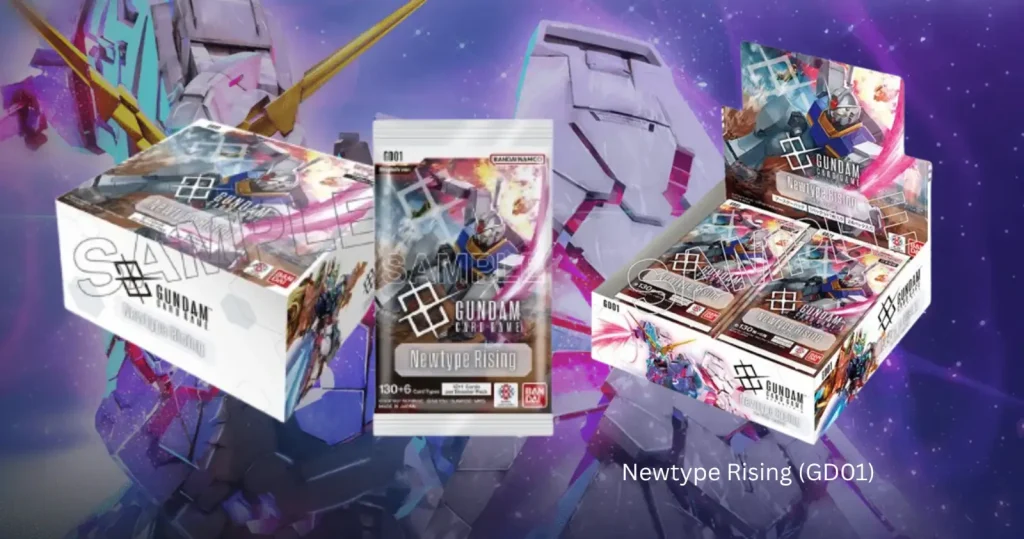 A vibrant display of Gundam Card Game Newtype Rising (GD01) products, including booster boxes and sealed packs, set against a colorful mobile suit illustration.