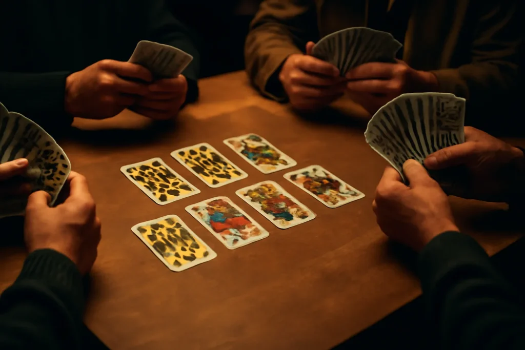 Schafkopf cards laid out on a table with players engaged in the game, showcasing the German-suited deck and cultural atmosphere.